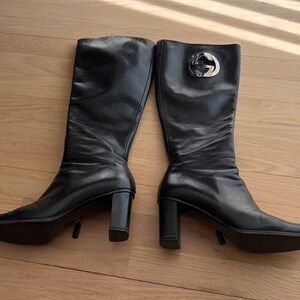 Gucci Black Leather Knee-High Boots with Logo